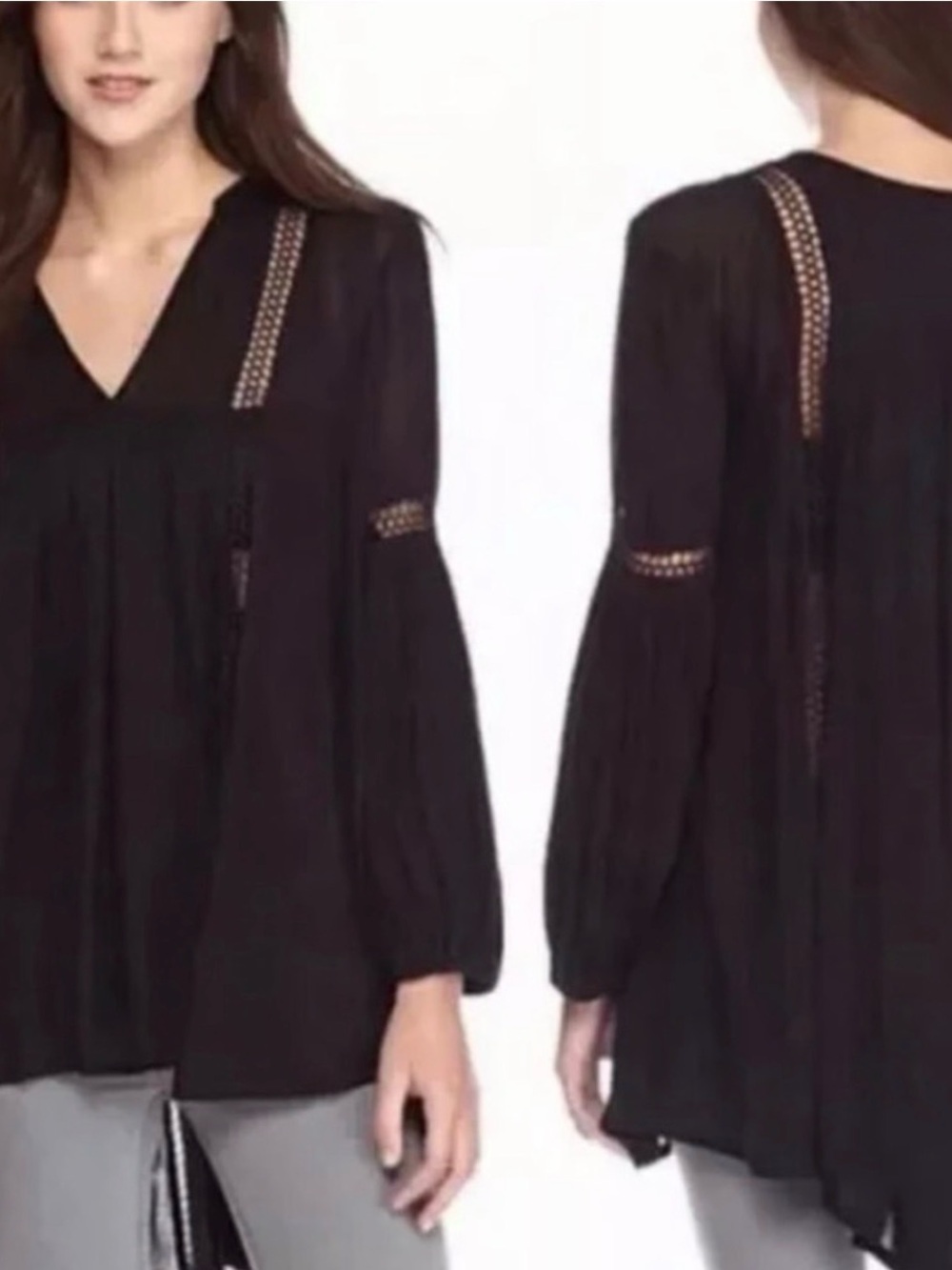 Free People Black V-Neck Lace-Inset Peasant Tunic